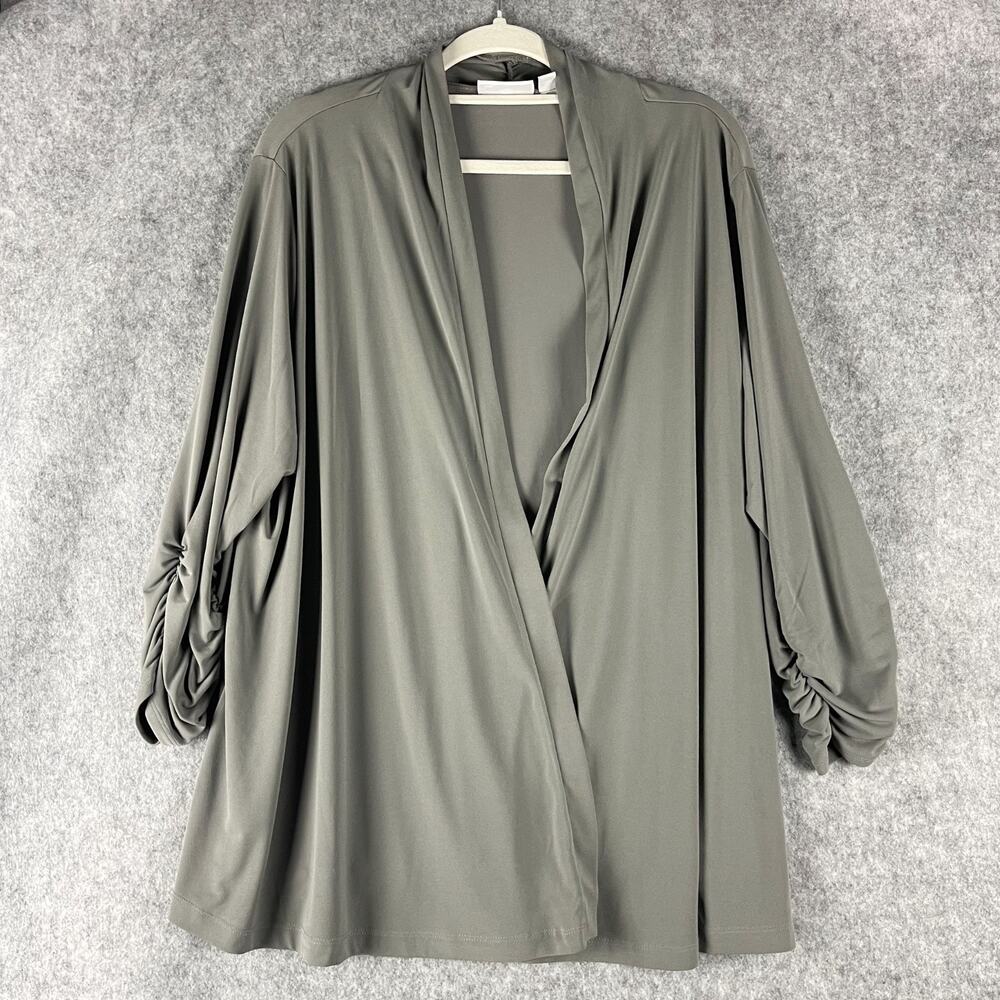 Susan Graver Liquid Knit Cardigan Womens 2X Gray Cinch Sleeve Open Front Stretch